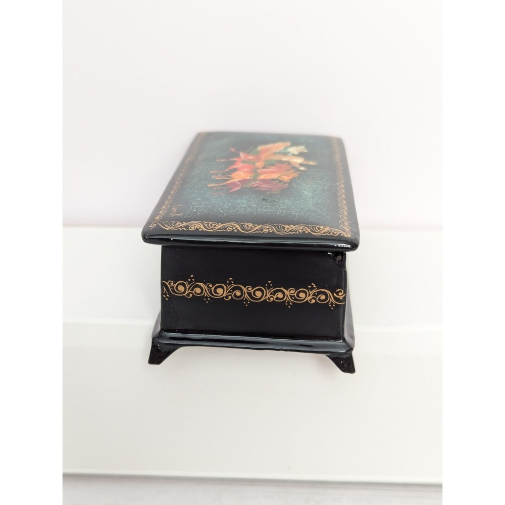 Vtg Handpainted Russian Trinket Box Lacquer Mstera Signed Horses Troika Sleigh - Picture 13 of 16